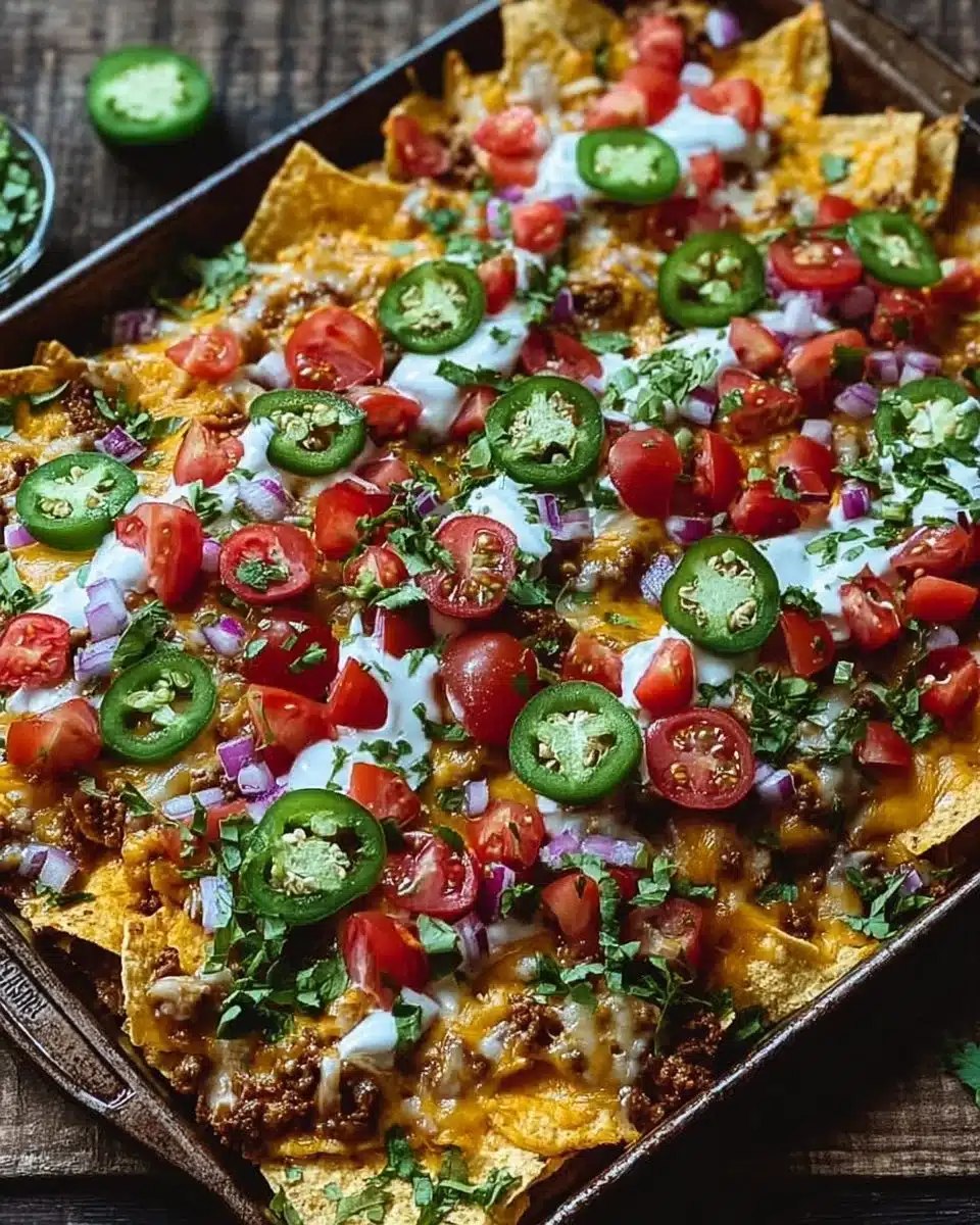 Easy sheet pan lazy nachos topped with cheese, jalapenos, and toppings
