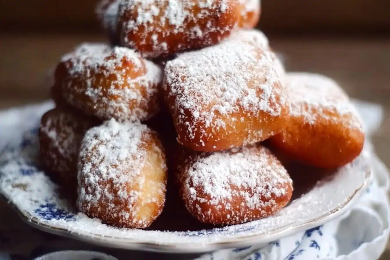 Fluffy & Light Sourdough Beignets 3 Fluffy and light sourdough beignets freshly made and dusted with powdered sugar.