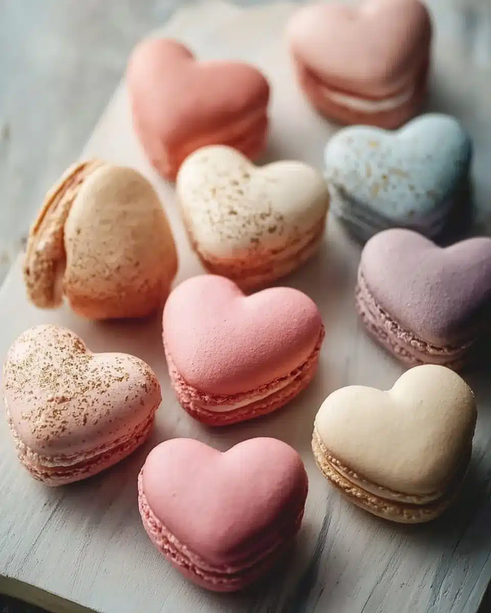 Heart-Shaped Macarons 3 Delicious heart-shaped macarons in various colors and flavors.