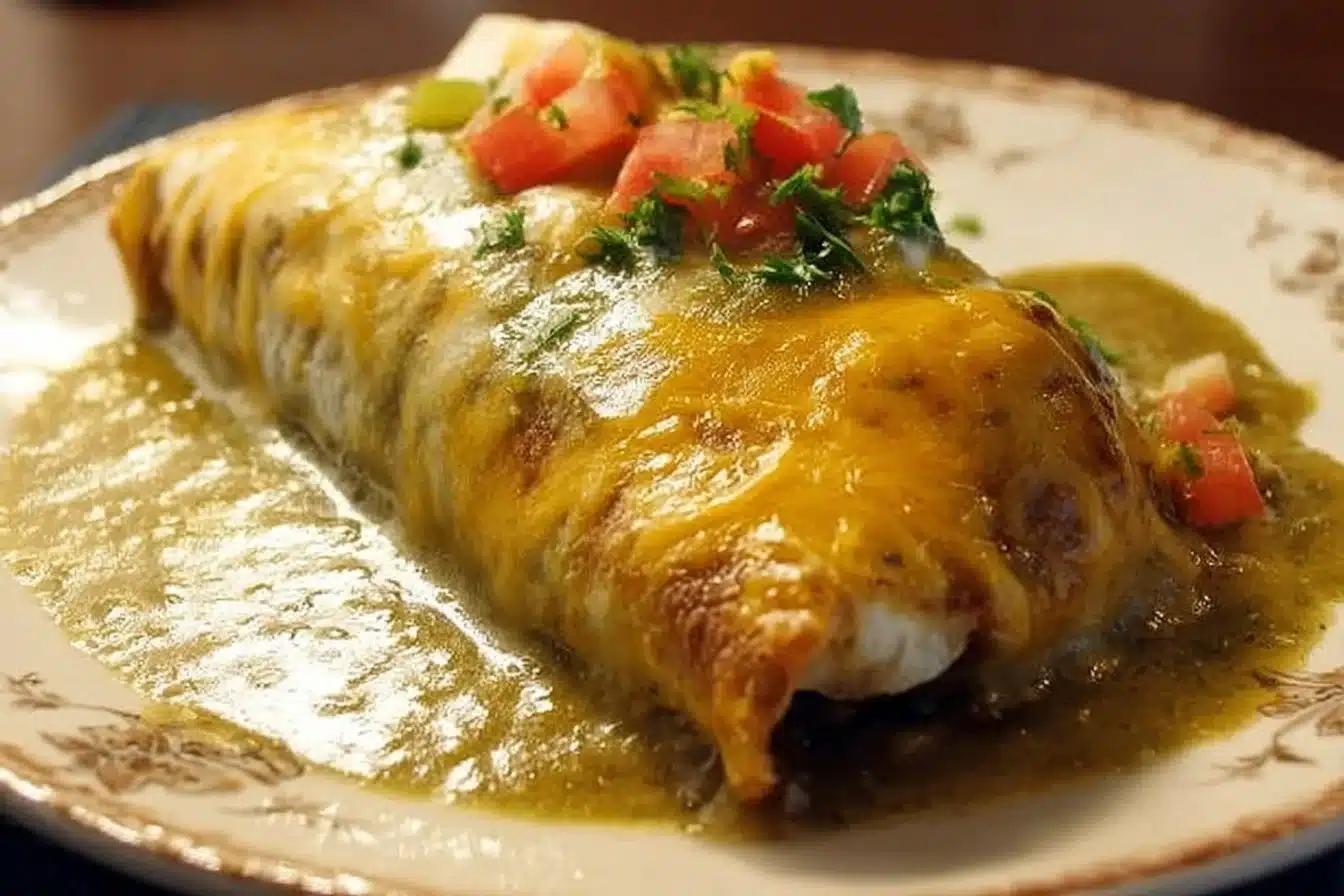 Delicious smothered burritos covered in green chile sauce