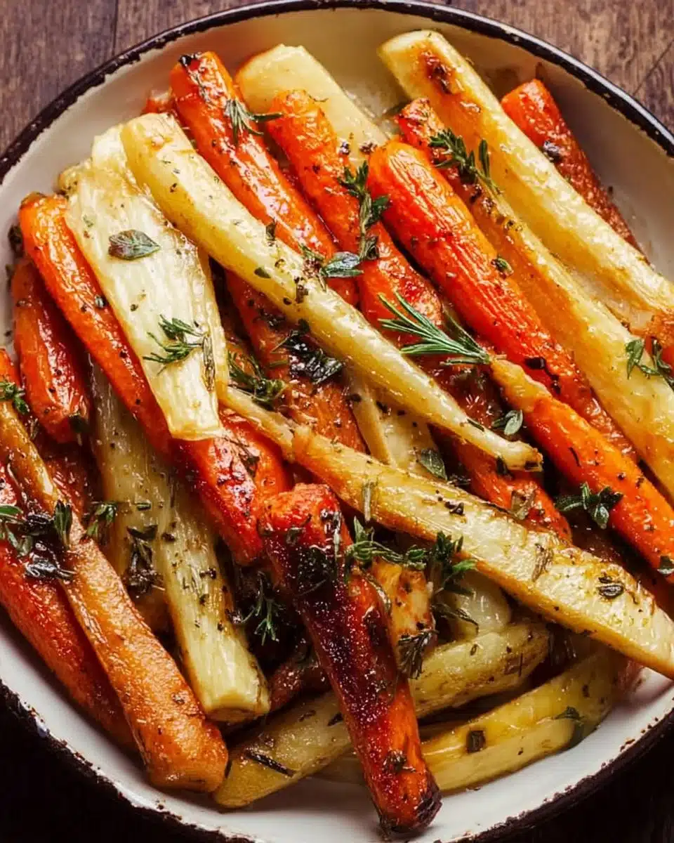 Roasted Honey Glazed Carrots & Parsnips 3 Delicious roasted honey glazed carrots and parsnips on a serving plate