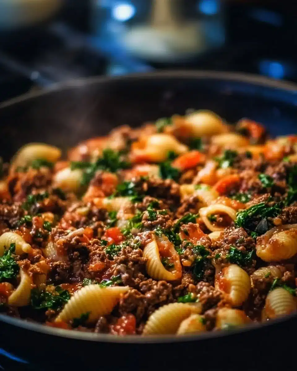 Delicious ground beef shells skillet meal prepared in one pan