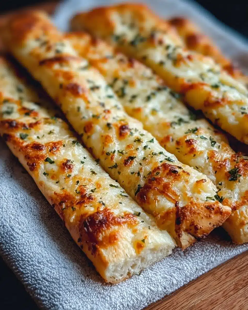 Cheesy sourdough breadsticks served on a plate, golden and crispy.