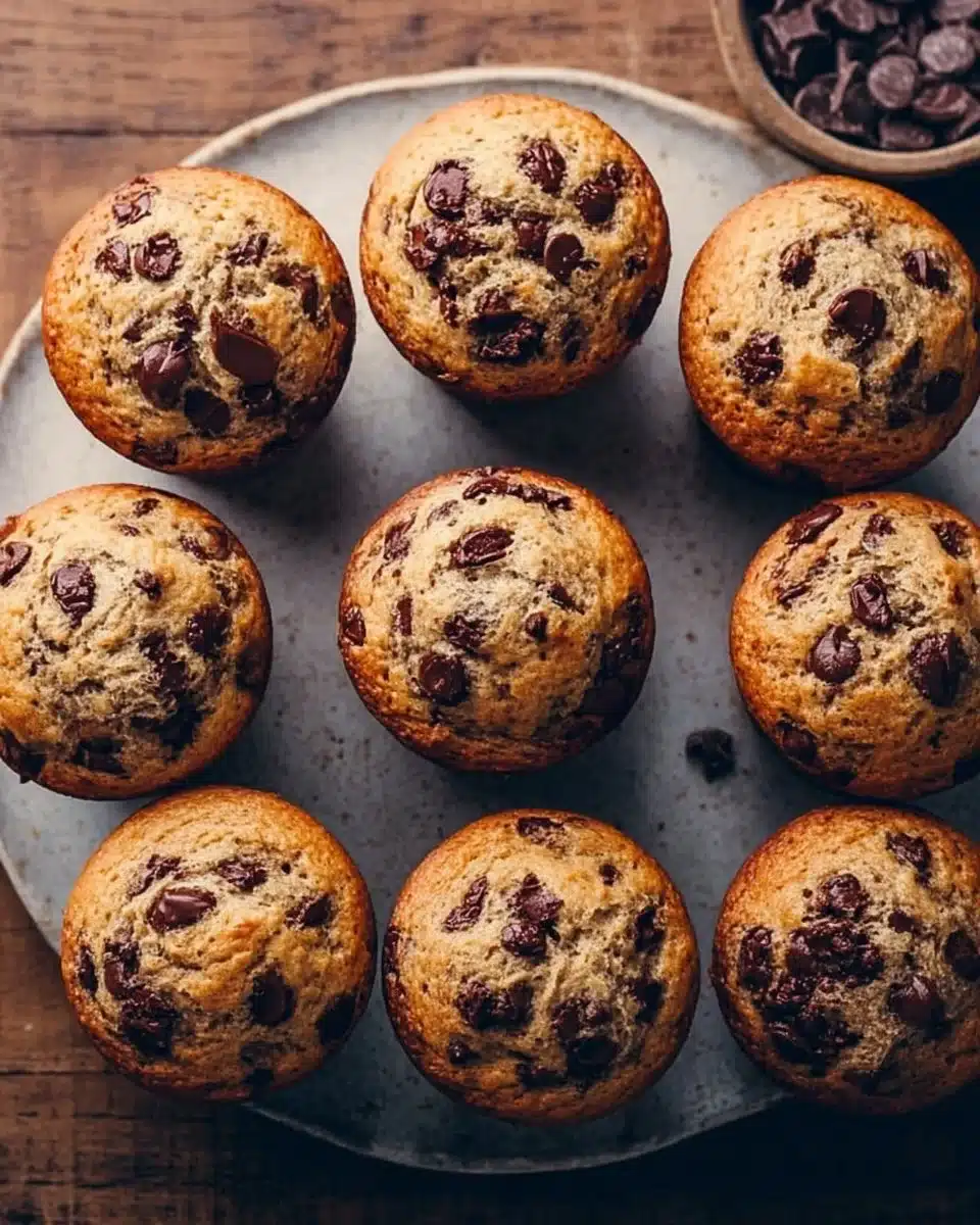Sourdough Discard Chocolate Chip Muffins 4 Freshly baked sourdough discard chocolate chip muffins on a cooling rack