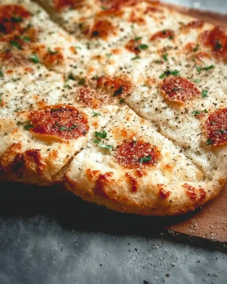 Homemade sourdough pizza crust topped with fresh ingredients.
