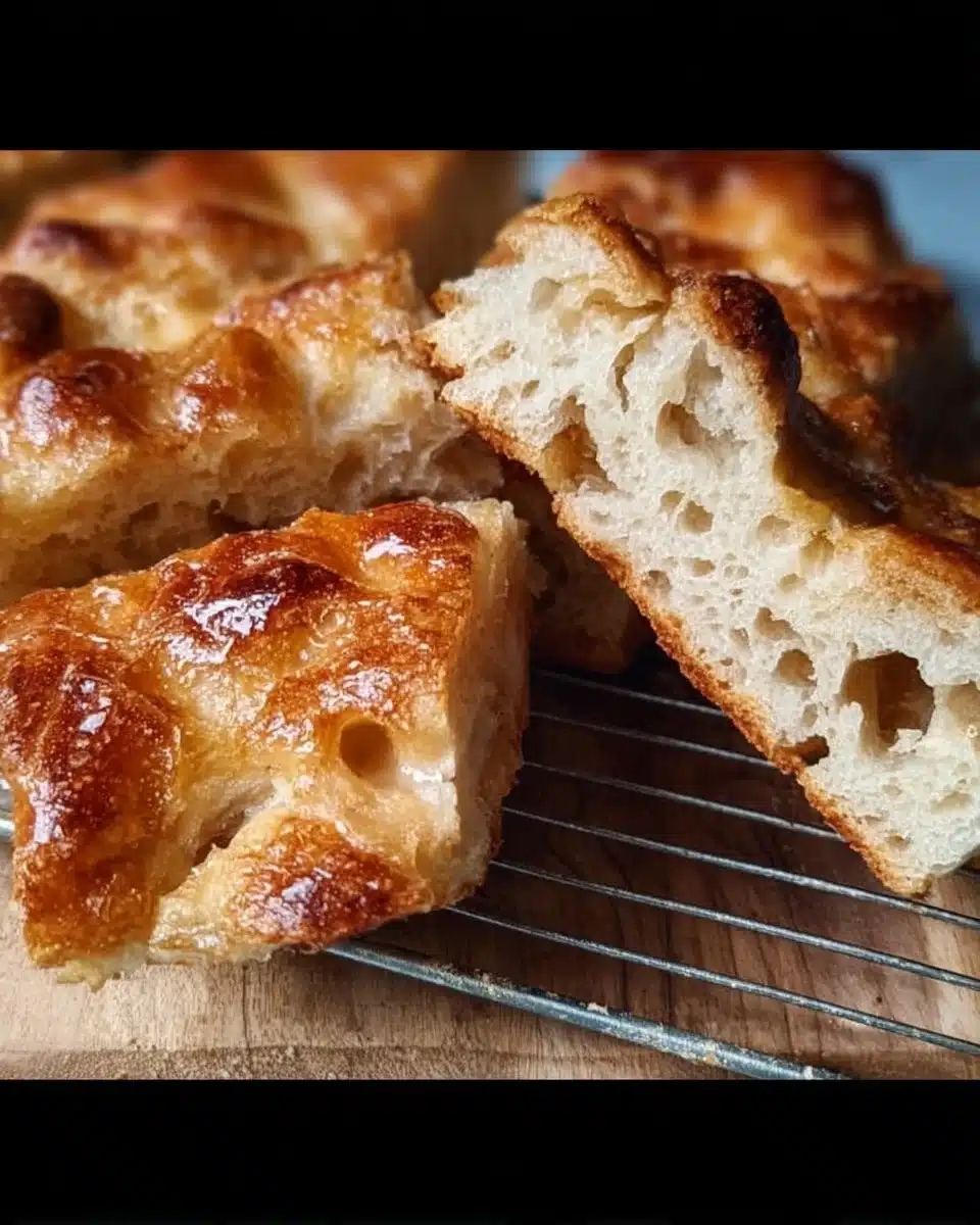 A freshly baked sourdough focaccia topped with herbs and olive oil