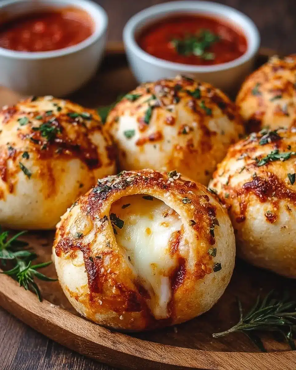 Delicious homemade sourdough pizza bombs served on a wooden platter.