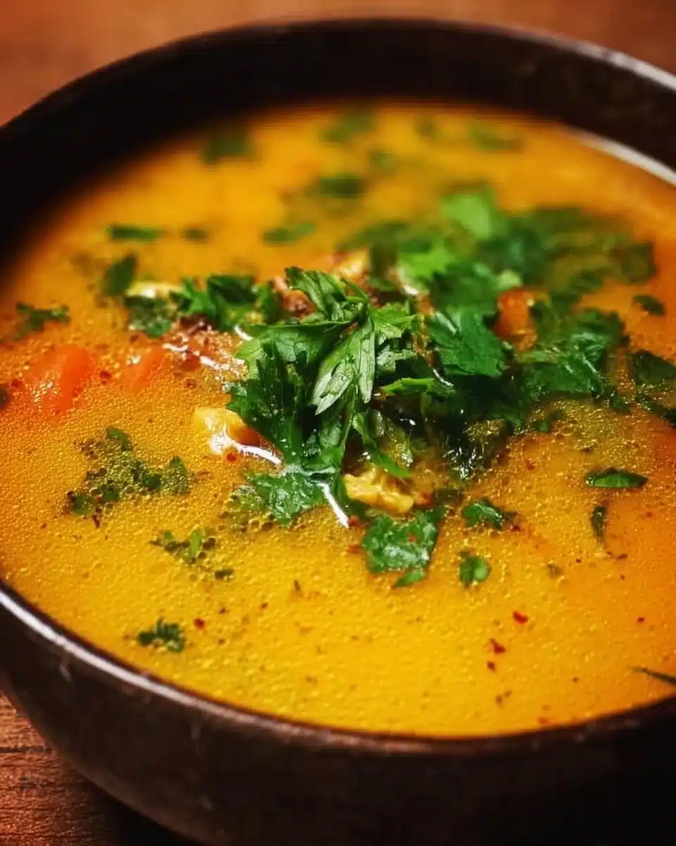 Bowl of Spicy Indian Mulligatawny Soup garnished with herbs and spices