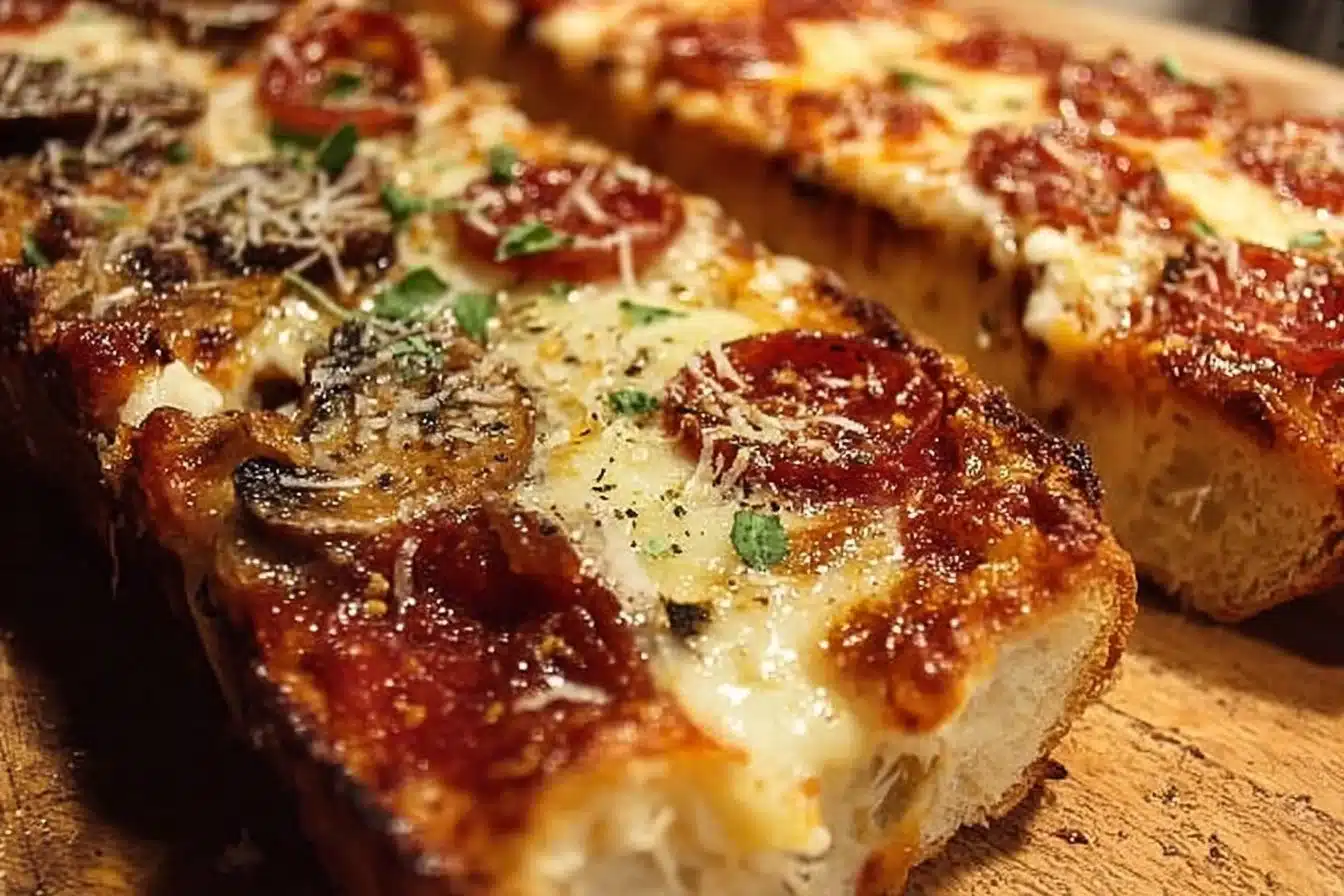 Ultimate French Bread Pizza 3 Delicious French bread pizza topped with cheese, tomatoes, and herbs