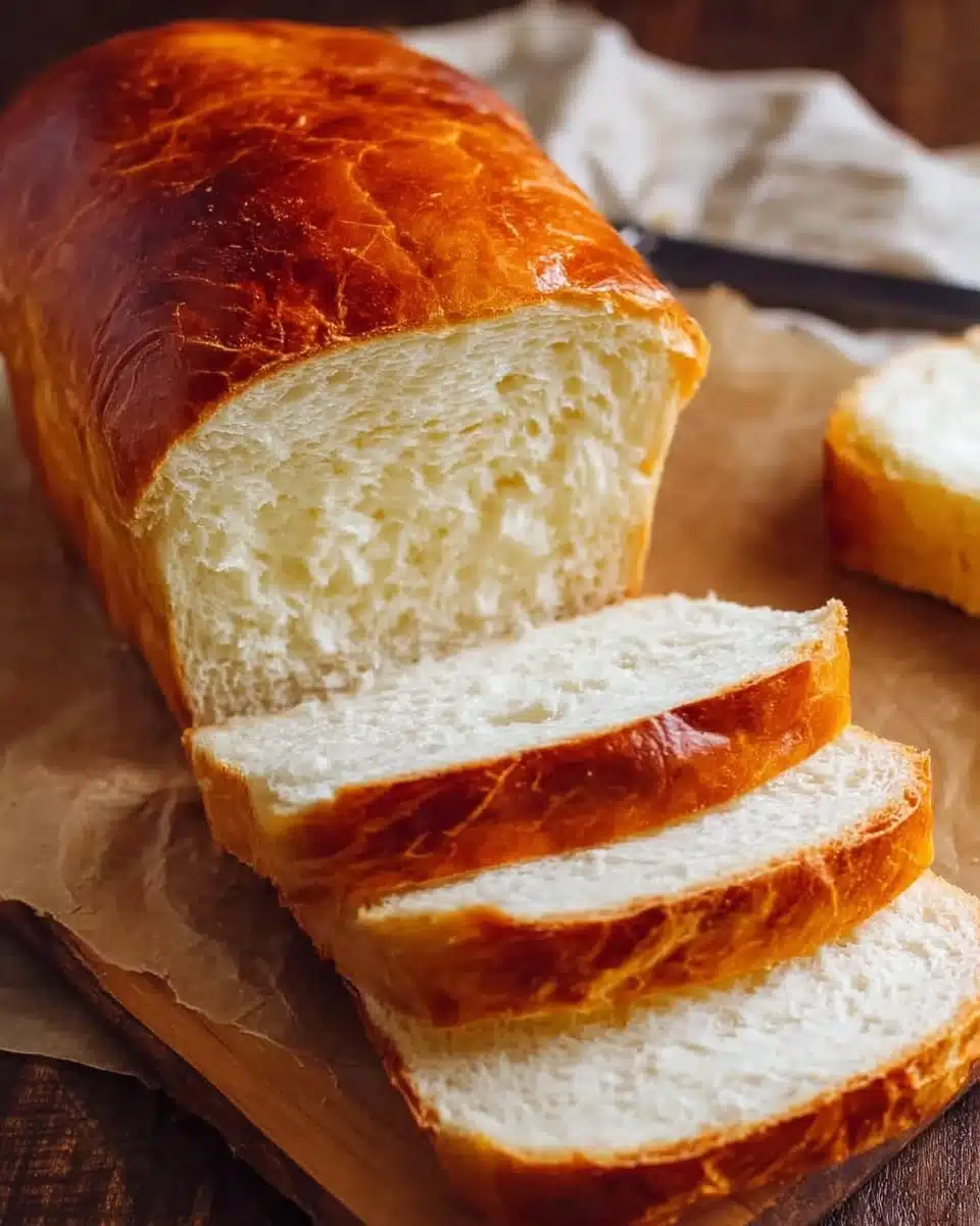 Freshly baked Amish White Bread loaf on a wooden cutting board