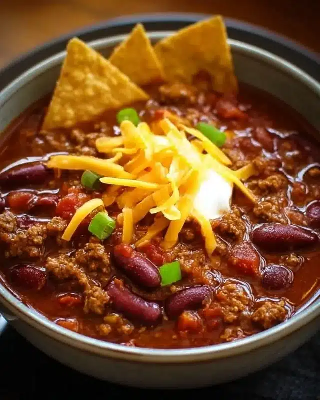 Delicious bowl of best chili recipe made with ground beef and bacon