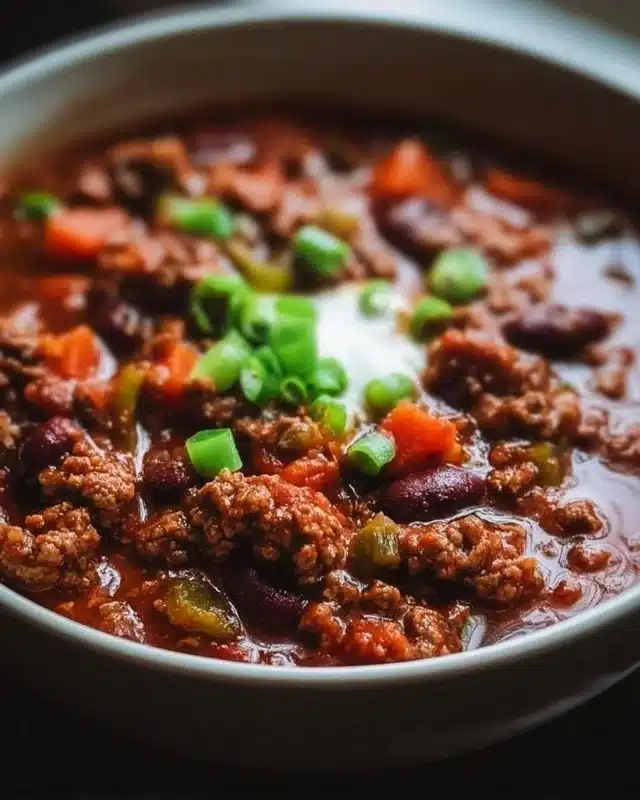 Bowl of delicious ground beef stovetop chili topped with fresh herbs