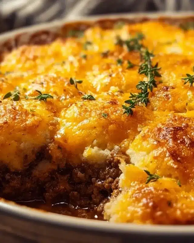 Cheddar Bay Ground Beef Cobbler served in a rustic dish