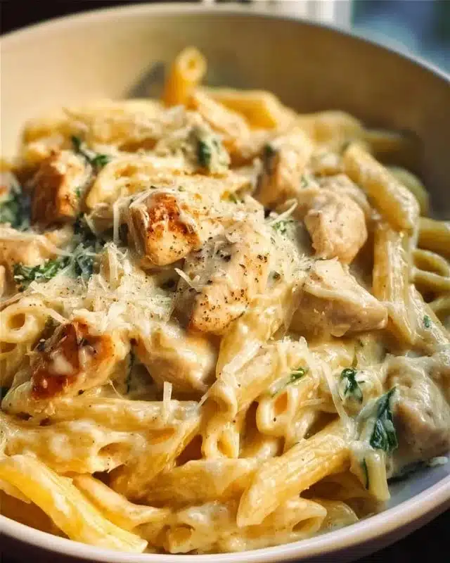 Delicious cheesy chicken pasta served in a bowl