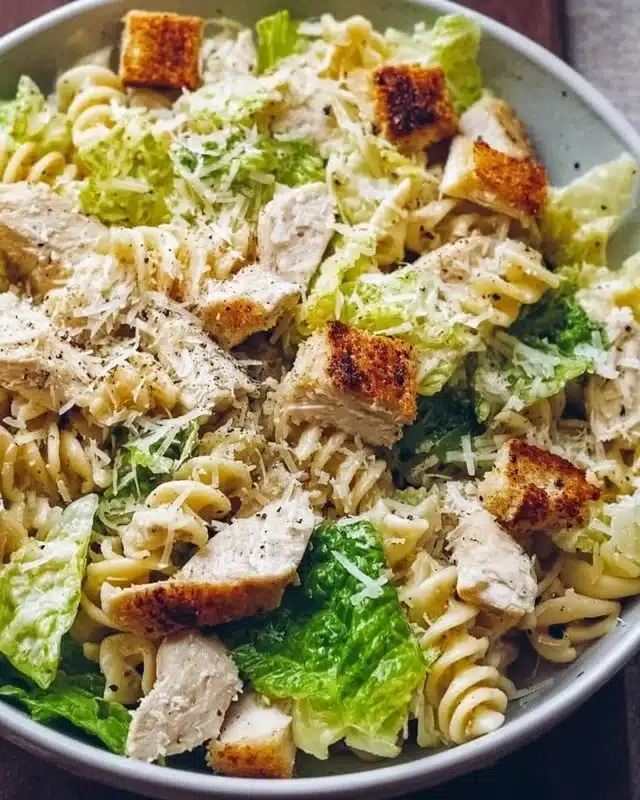 Bowl of Chicken Caesar Pasta Salad topped with parmesan and croutons.