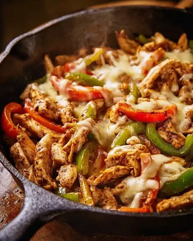 Delicious Chicken Cheesesteak Skillet with peppers and onions in a cast iron pan