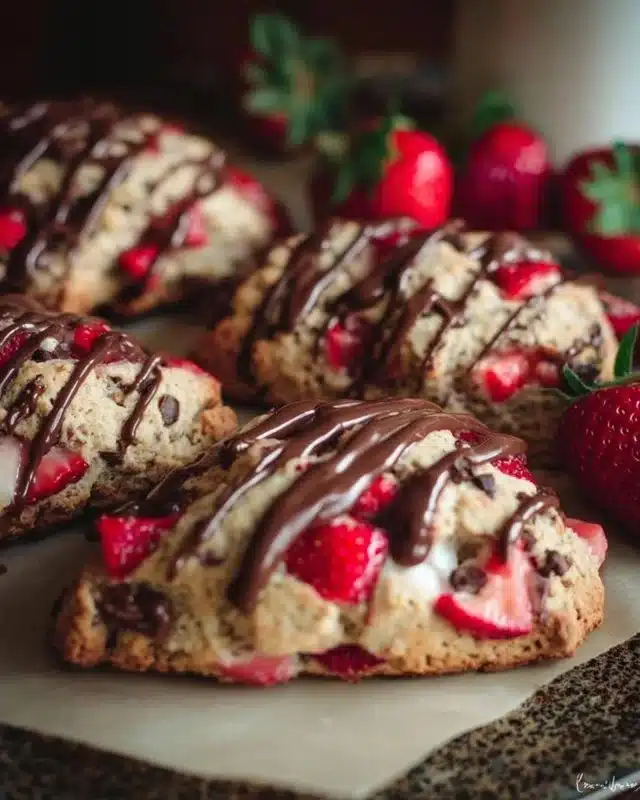 Chocolate Covered Strawberry Sourdough Scones 3 Chocolate covered strawberry sourdough scones on a plate