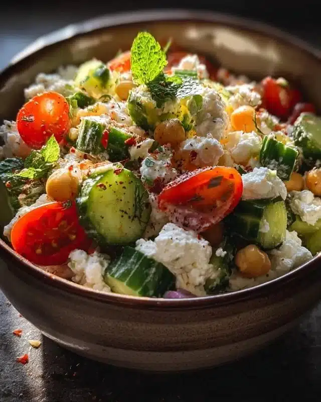 A colorful cottage cheese salad bowl with fresh vegetables and herbs