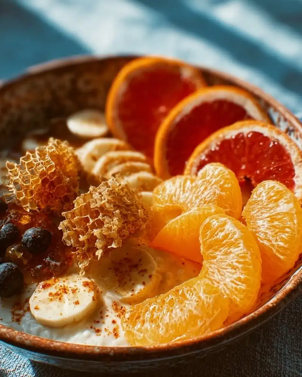 Cozy winter citrus ricotta breakfast bowl topped with honeycomb and fresh citrus fruits.