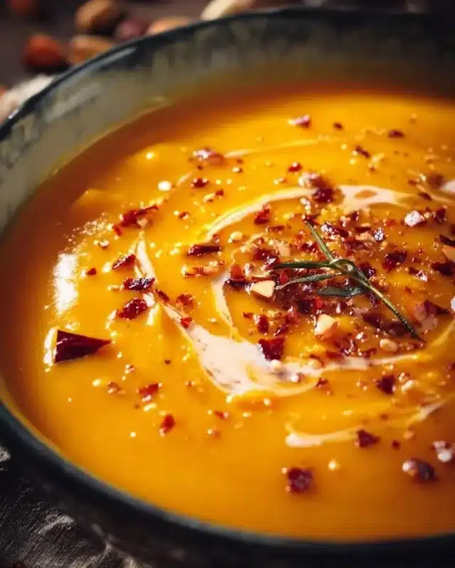 Bowl of easy butternut squash soup with sweet potatoes and garnish