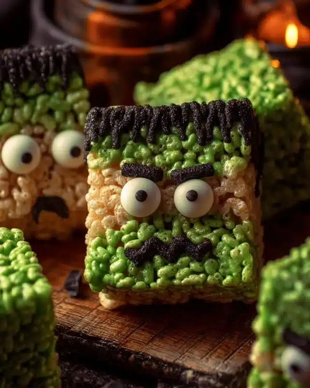 Frankenstein Halloween Rice Krispie Treats 4 Frankenstein Halloween Rice Krispie Treats on a platter