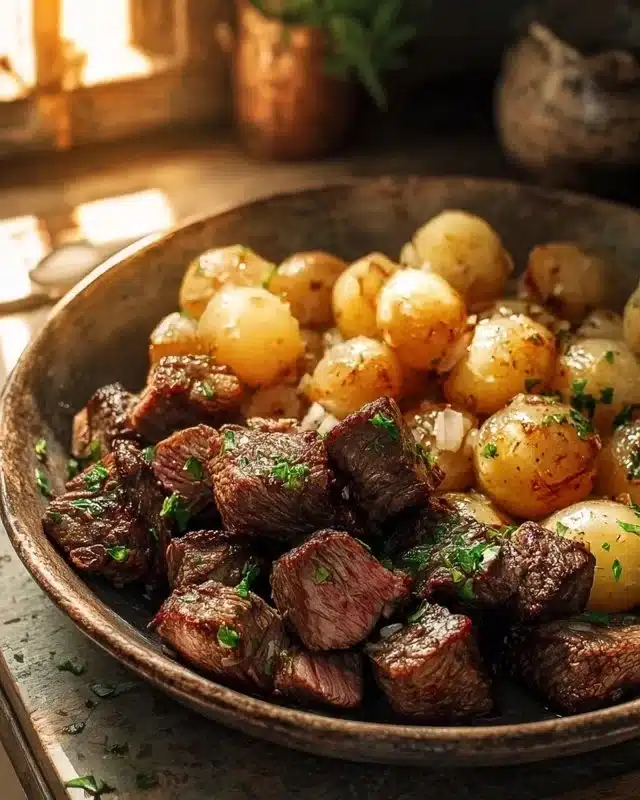 Delicious Garlic Butter Steak Bites served with golden potatoes on a plate.