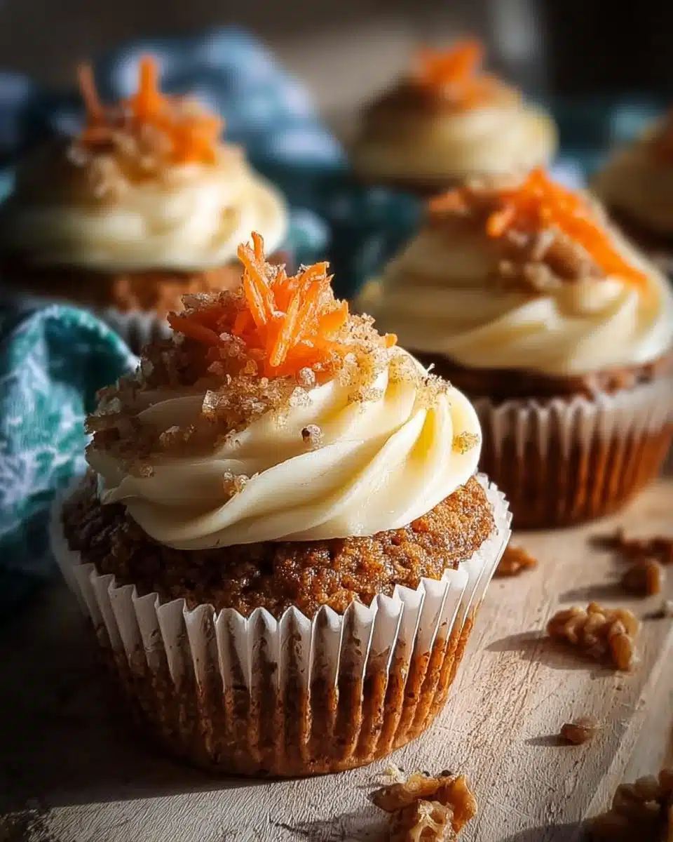 Irresistible Carrot Cake Cupcakes 3 Delicious carrot cake cupcakes with cream cheese frosting on a rustic wooden table