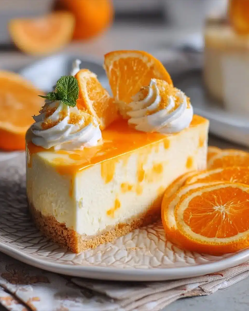 No-bake orange creamsicle cheesecake topped with orange slices and cream