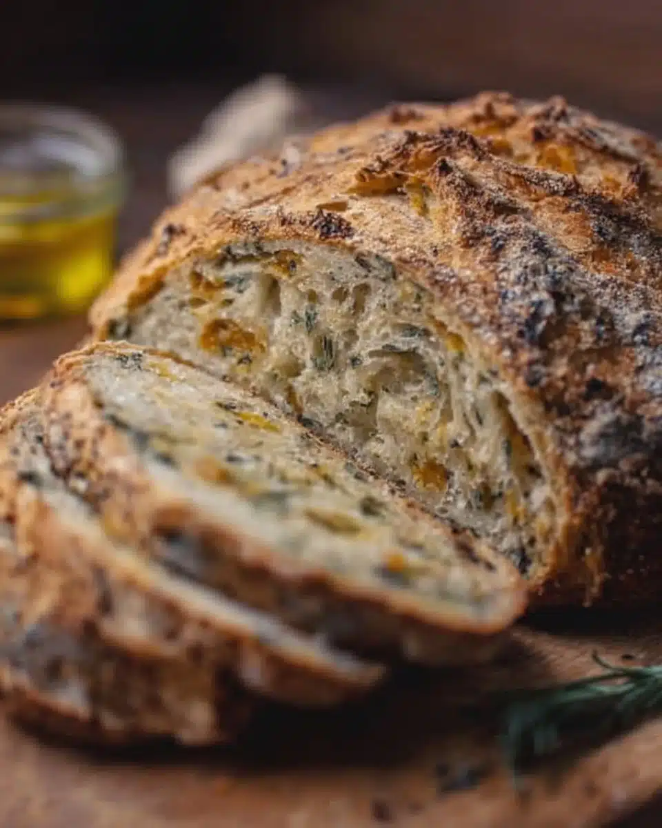 Artisan sourdough bread with Italian herbs and cheese, freshly baked