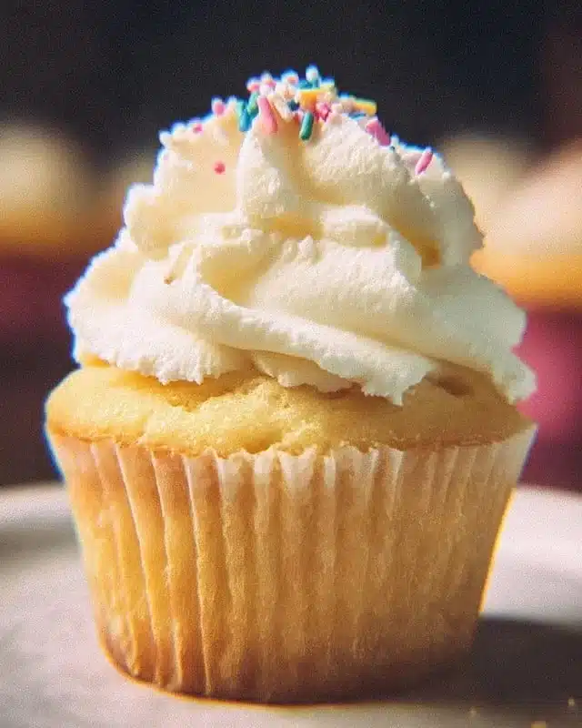 Perfect Vanilla Cupcake 4 Perfect Vanilla Cupcakes topped with creamy frosting on a decorative platter