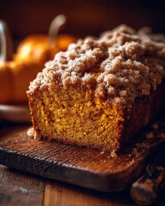 Freshly baked Pumpkin Streusel Bread with a crumbly topping