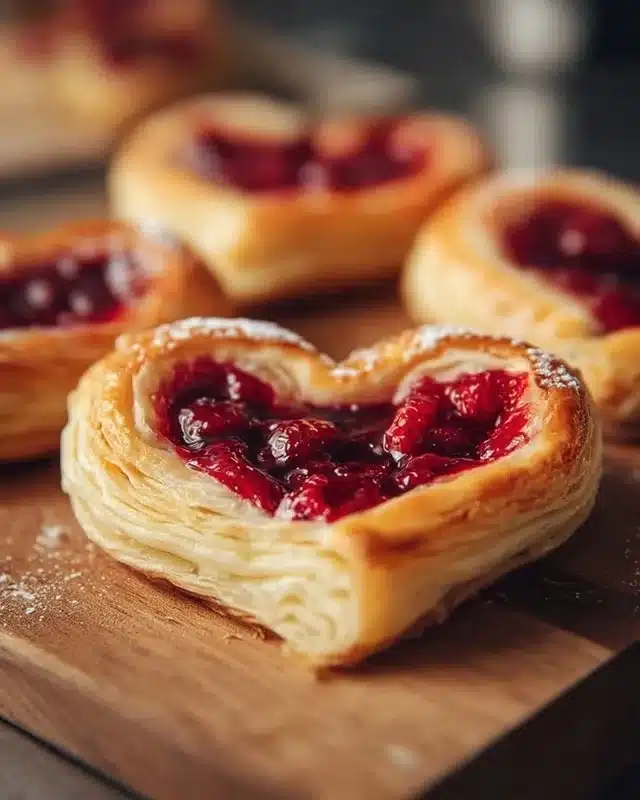 Freshly baked Raspberry Heart Danishes with a sweet filling and flaky crust.