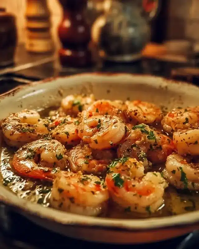 Plate of homemade Red Lobster shrimp scampi with garlic and herbs