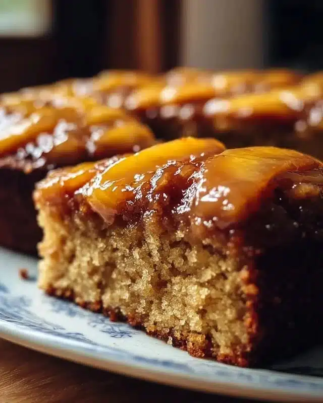 Rich Brown Sugar Peach Cake With Buttery Caramel Icing 3 Rich brown sugar peach cake with buttery caramel icing on a decorative plate