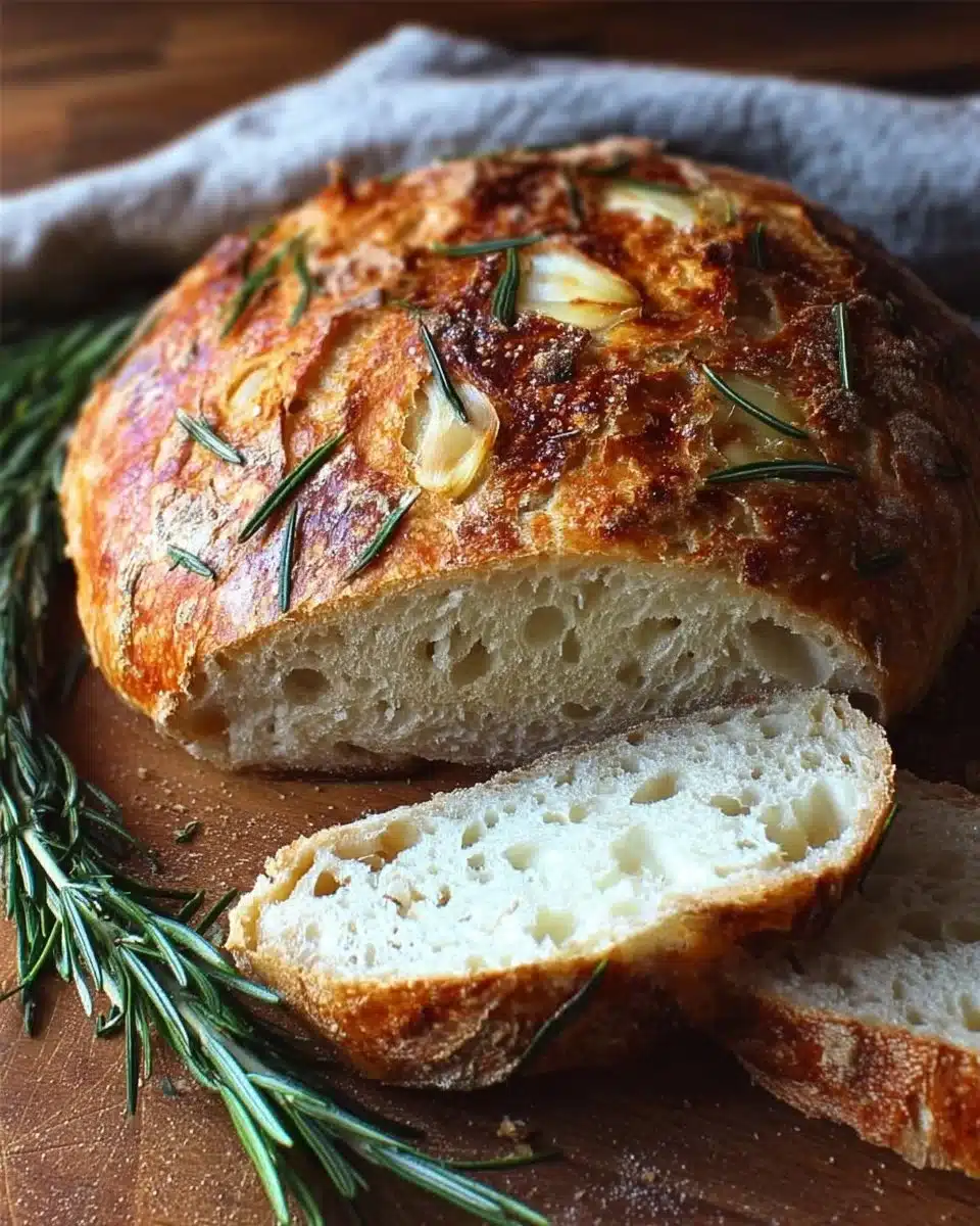 Freshly baked rosemary and roasted garlic artisan bread loaf