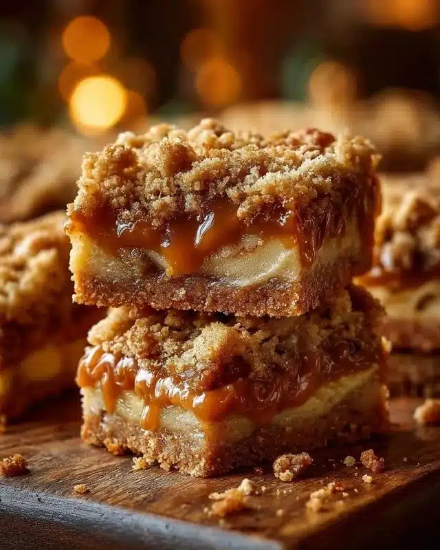 Delicious salted caramel apple crumble bars topped with crumble and caramel drizzle.