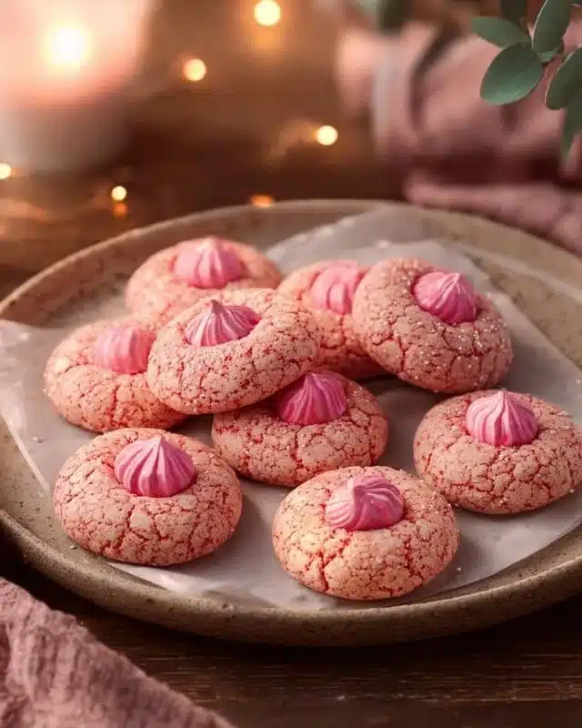 Soft strawberry kiss cookies with pink frosting and fresh strawberries.