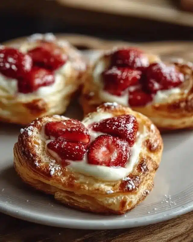 Strawberry Cream Cheese Heart Danishes 3 Delicious Strawberry Cream Cheese Heart Danishes on a plate