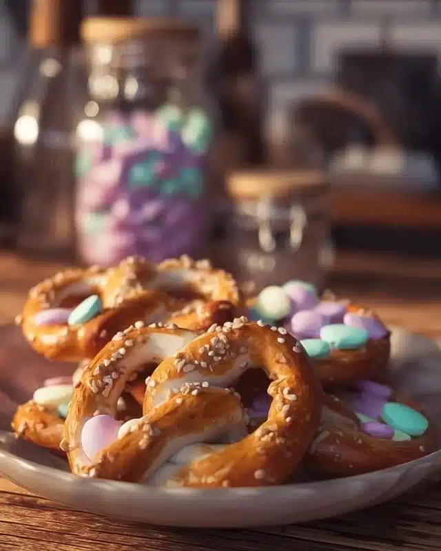 Sweet Easter Pretzels 3 Sweet Easter Pretzels decorated with colorful sprinkles for a festive look
