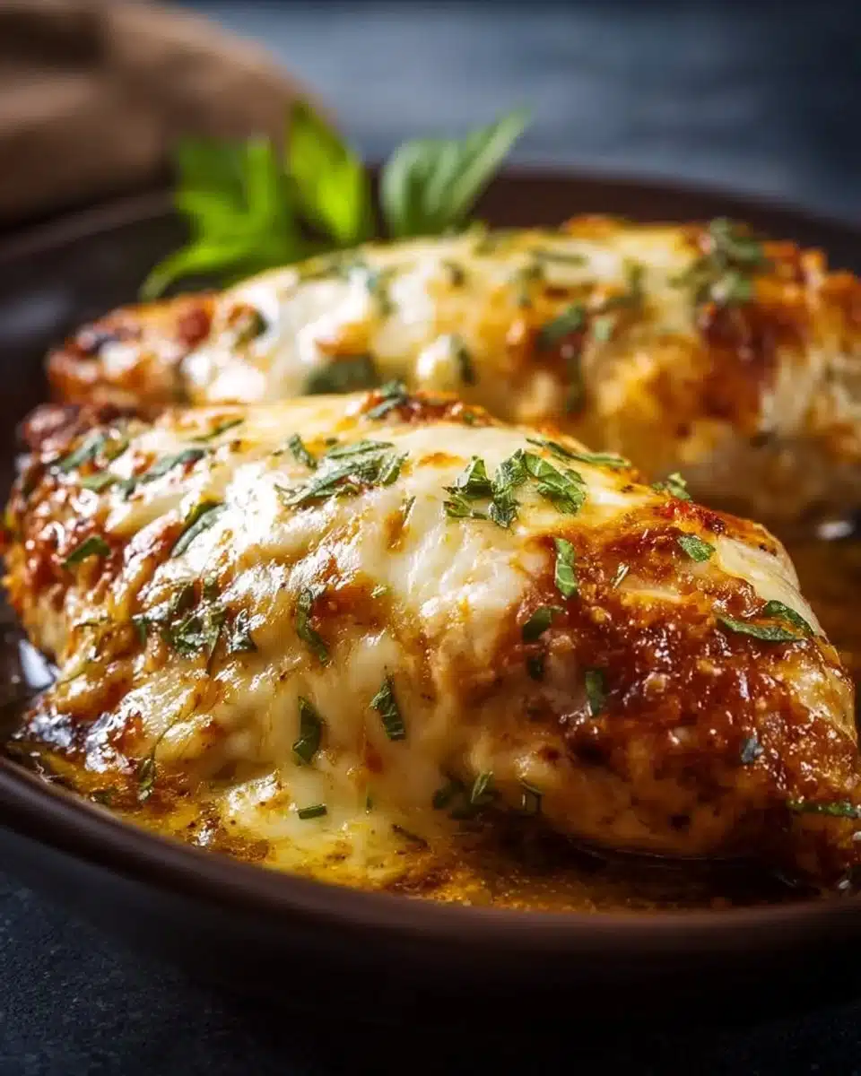 Tender slow cooker cheesy mozzarella chicken served with herbs and spices.