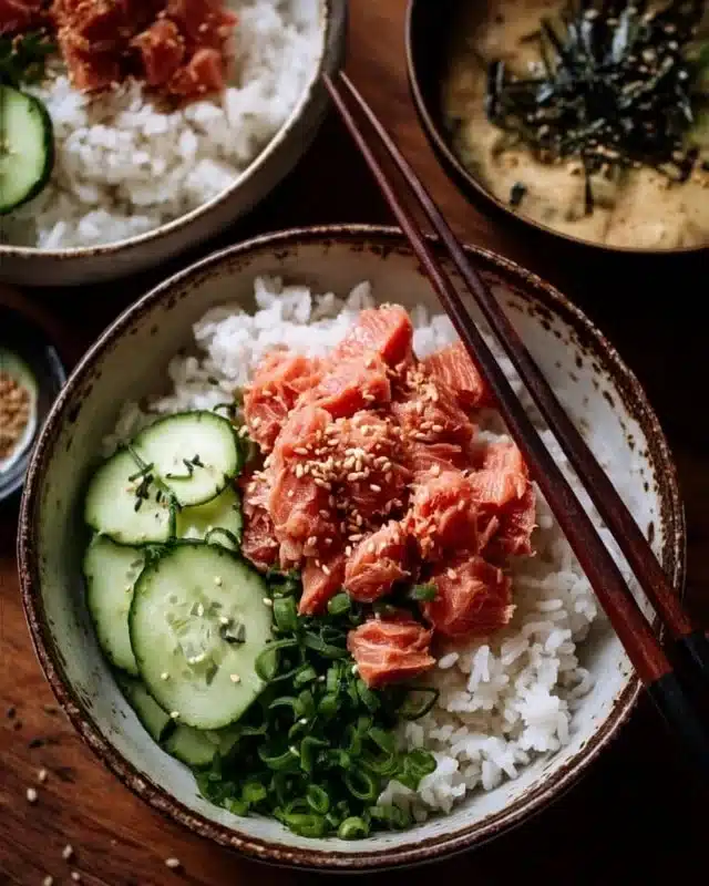 A delicious bowl of tuna rice topped with fresh veggies and sauces