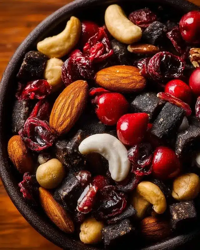 Delicious Vampire Bite Trail Mix with nuts, chocolate, and spooky candy.