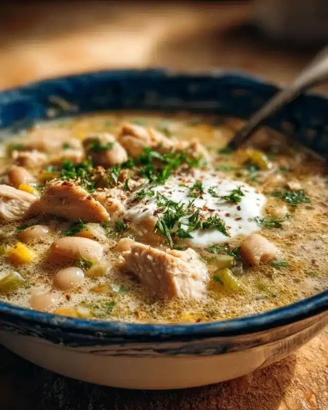 White Chicken Chili 3 Bowl of delicious white chicken chili topped with cilantro and lime
