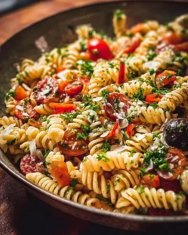 Zesty Italian pasta salad with colorful vegetables and dressing