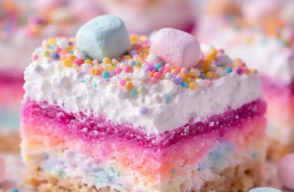 Colorful slices of Bubblegum Cloud Dessert on a plate