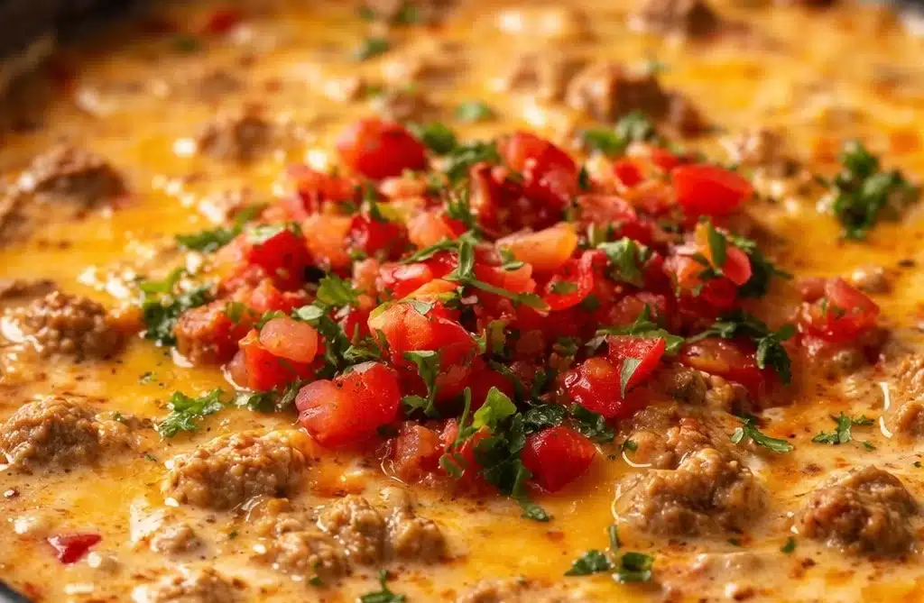 Delicious cheesy Rotel sausage dip served with tortilla chips