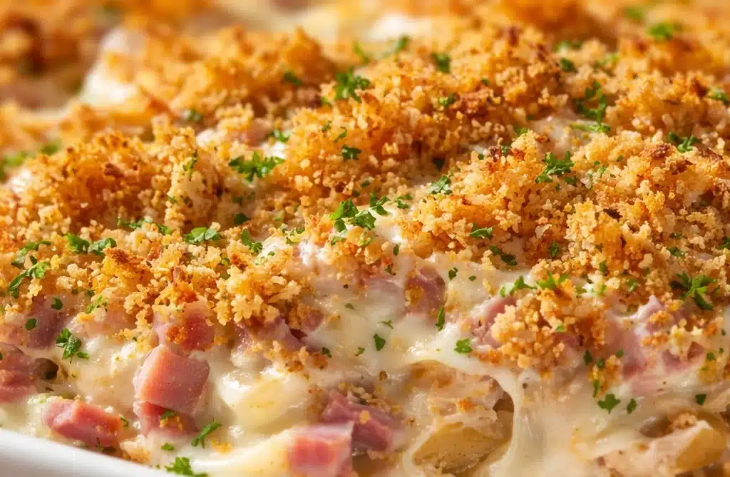Chicken Cordon Bleu Casserole with ham and cheese topping