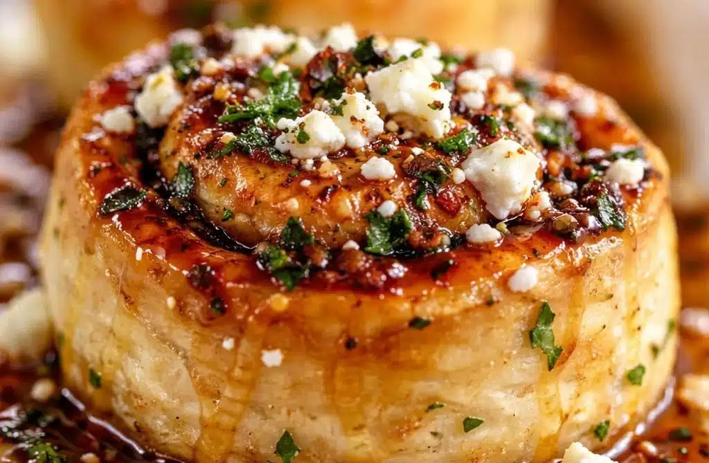 Delicious Chili Honey Feta Rolls served on a wooden board