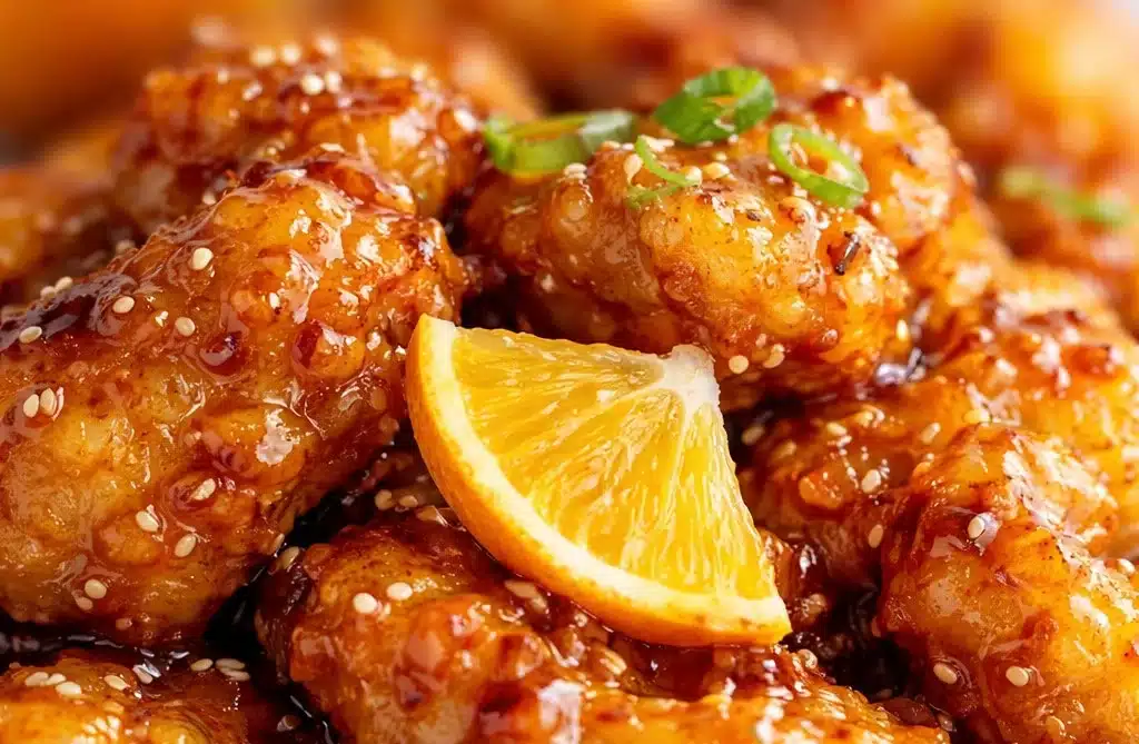 Bowl of Crispy Orange Chicken with vibrant orange sauce and garnishes