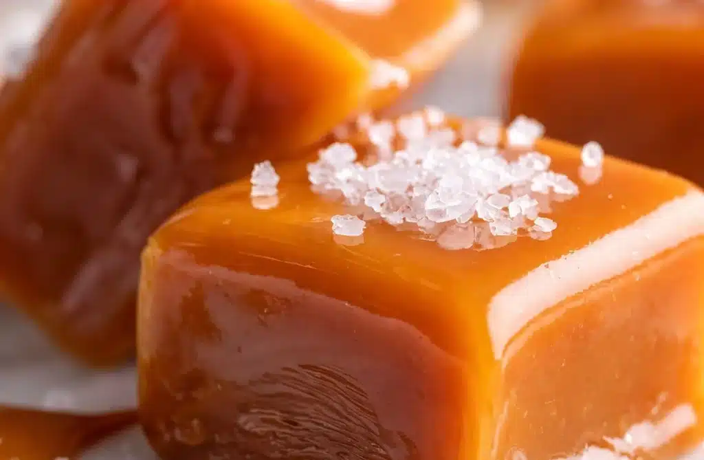 Delicious homemade vanilla cream caramels displayed in a gift box